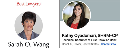 Best Lawyer Sarah O. Wang and First Hawaiian Bank Technical Recruiter Kathy Oyadomari